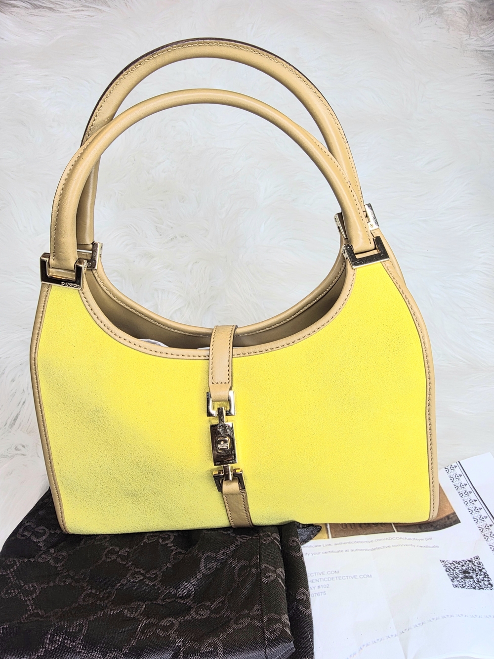 Gucci Jackie Bardot Vintage Yellow Lime Suede & Tan Leather Shoulder Bag withCOA